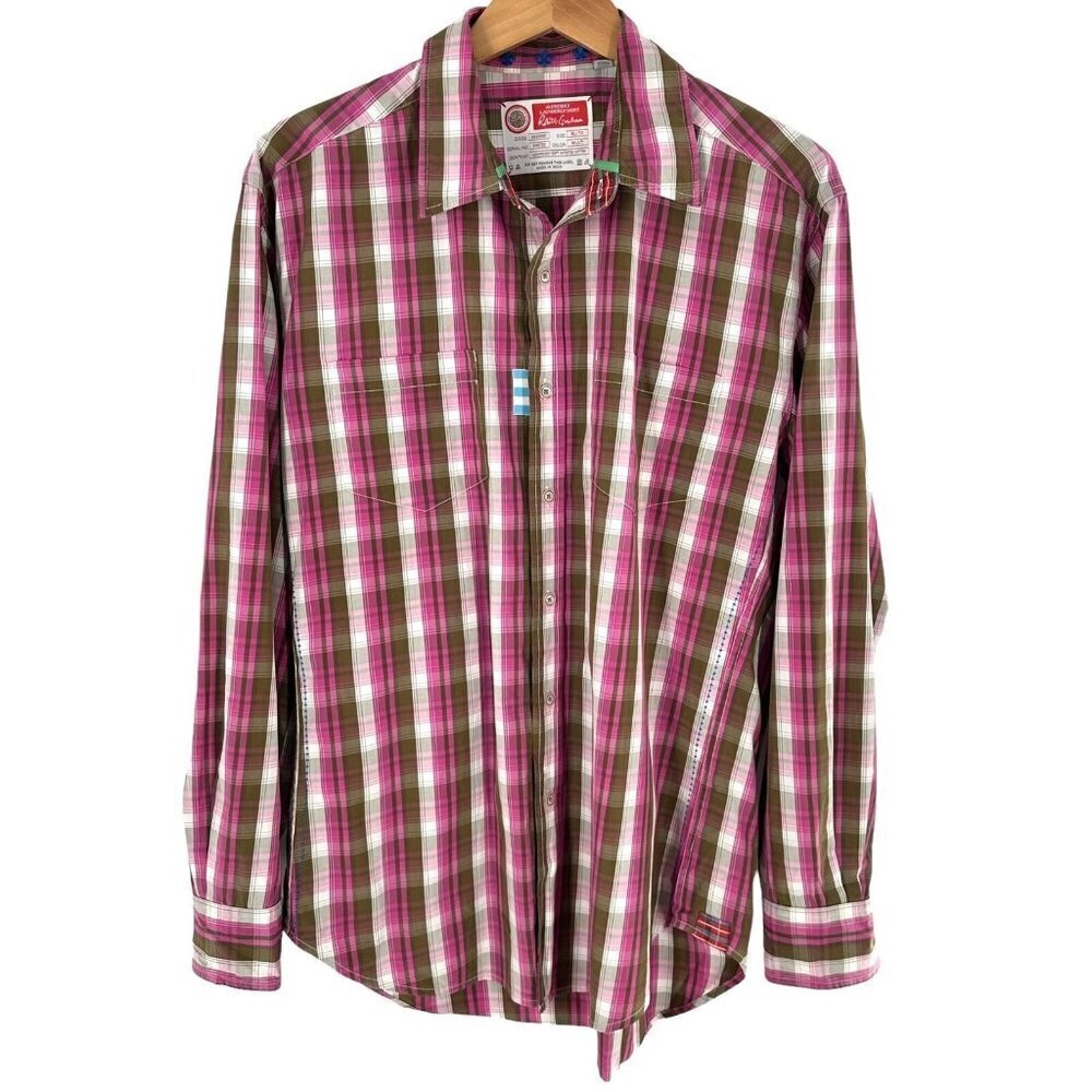 Robert Graham Pink and Brown Plaid Cotton Freshly Laundered Shirt Men's Size XL